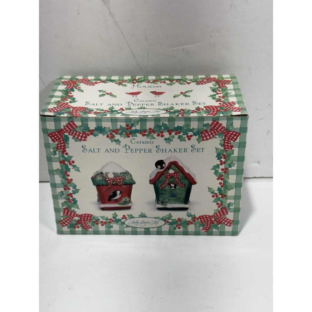 LADY JAYNE VINTAGE 2003 CHRISTMAS BIRD HOUSE SALT & PEPPER SHAKER‎ SET New